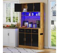 Matteo 180Cm Tall Kitchen Pantry & Buffet Cabinet - Natural/black, Led, Power Outlets & Adjustable Shelves