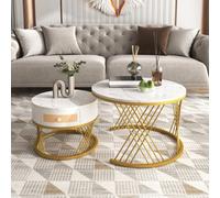 Matteo 2-In-1 Nesting Coffee Table Set With Marble Effect Top And Rattan Drawer, White/gold