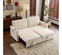 Matteo 207Cm King Size Convertible Sofa Bed, Independent Pull-Out Design, Fabric Upholstery, Cup Holders & Storage - Beige