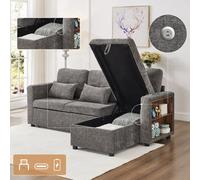 Matteo 3-In-1 Convertible Chenille L-Shaped Sofa Bed With Storage Chaise, Usb/type-C Charging & Adjustable Armrest - Grey