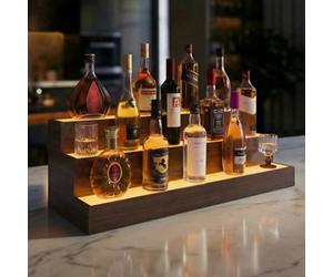 Matteo 3-Step Led Liquor Bottle Display Shelf - Walnut Effect, App/remote Control, 95Cm