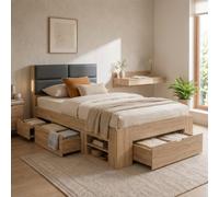 Matteo 3Ft Single Bed Frame With Storage, Padded Headboard & Led Light - Natural Oak Effect With 3 Drawers & 2 Shelves