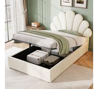 Matteo 3Ft Single Beige Velvet Upholstered Bed Frame With Adjustable Petal Headboard & Hydraulic Storage