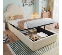 Matteo 3Ft Single Beige Velvet Upholstered Bed Frame With Hydraulic Storage & Cloud Headboard