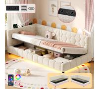 Matteo 3Ft Single Boucle Ottoman Bed Frame With Smart Rgb Led Lights & Charging Station - Beige