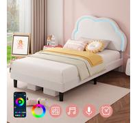 Matteo 3Ft Single Cream White Velvet Bed Frame With Adjustable Led Cloud Headboard, Upholstered, No Box Spring Needed, Easy Assemble