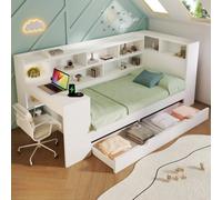 Matteo 3Ft Single Daybed With Integrated Bookcase, Computer Desk, Storage Drawers & Usb-C Charging - 90X190Cm Wooden Sofa Bed, White