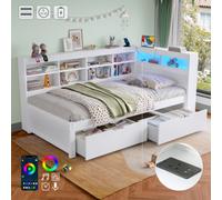Matteo 3Ft Single Daybed With Led Lights, Storage Drawers & Charging Station - White Wooden Bed Frame