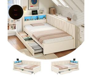 Matteo 3Ft Single Daybed With Two Storage Drawers, Led Modern Bed Frame With Charging Station, Linen Sofa Bed , 90X190Cm No Mattress