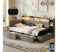 Matteo 3Ft Single Grey Led Daybed With Storage, Usb Charging, And Ottoman Storage - Modern Linen Sofa Bed