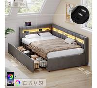 Matteo 3Ft Single Grey Velvet Daybed With Led, Usb Charging, & 2 Storage Drawers - Modern Channel Tufted Bed Frame