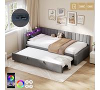 Matteo 3Ft Single Grey Velvet Daybed With Pull-Out Trundle, Rgb Led & Charging Station