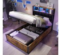 Matteo 3Ft Single Hydraulic Ottoman Bed Frame With Led Light, Usb/usb-C Charging & Headboard Storage - Black & Wood Effect