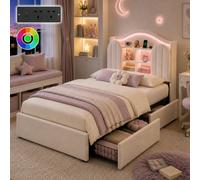 Matteo 3Ft Single Kids Bed Frame, Upholstered Velvet With Led Headboard, Charging Station & Storage Drawers, Cream White