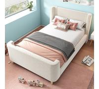 Matteo 3Ft Single Kids Upholstered Bed Frame - Beige Velvet Sleigh Design With Cosmic Space Pattern