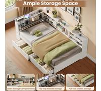 Matteo 3Ft Single L-Shape Daybed: Storage Drawers, Bookcase, Charging Station, White Wood & Linen