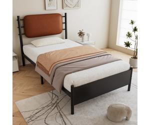 Matteo 3Ft Single Metal Bed Frame With Black Pu Upholstered Headboard - Durable Wrought Iron Design