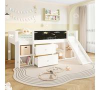 Matteo 3Ft Single Mid Sleeper Bed Frame With Slide, Blackboard, 2 Drawers & Storage - White Wooden Cabin Bed With Ladder