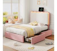 Matteo 3Ft Single Pink & Cream White Velvet Bed Frame With Adjustable Wavy Rgb Led Headboard & 2 Storage Drawers