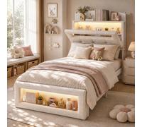 Matteo 3Ft Single Upholstered Bed Frame With Led Lights And Hidden Storage - Cream White