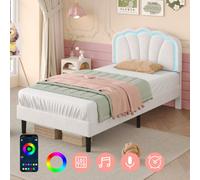 Matteo 3Ft Single Upholstered Bed Frame With Rgb Led Adjustable Shell Headboard, Soft Cream White Velvet, Solid Wood Slats