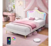 Matteo 3ft Single Upholstered Bed - LED Crown Headboard - PU Leather Frame in Cream Matteo Cream Single