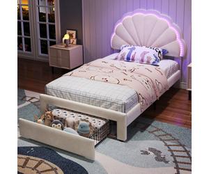 Matteo 3Ft Single Upholstered Bed With Led Lighting, Storage Drawer & Shell Headboard - Modern Beige Velvet