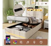 Matteo 3ft Single Upholstered Storage Bed with LED & Charging Station - Beige Matteo Beige Single