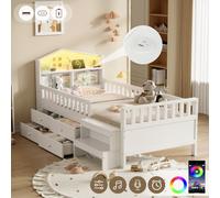 Matteo 3Ft Single White Wooden Bed Frame With Led House-Shaped Headboard, Usb/type-C Charging, Drawers & Step Stool