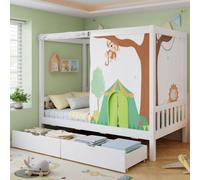 Matteo 3Ft Single Wooden Bed Frame With Drawers & Green Curtains - White Mdf/pine
