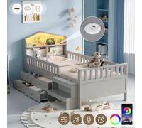 Matteo 3Ft Single Wooden Bed Frame With Smart Rgb Led, Usb Charging, Integrated Storage & Safety Rails - Grey