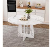 Matteo 47-Inch Round Dining Table For 4-6, Marble-Effect White Mdf Top, Farmhouse Modern Style, Easy Assembly
