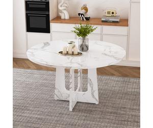 Matteo 47-Inch Round Dining Table For 4-6, Marble-Effect White Mdf Top, Farmhouse Modern Style, Easy Assembly