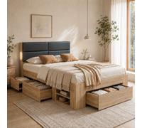 Matteo 4Ft6 Double Bed Frame With Storage, Led Light & Padded Headboard - Natural Oak Effect