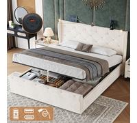 Matteo 4Ft6 Double Beige Velvet Ottoman Bed Frame, Hydraulic Storage, Diamond Tufted Headboard, Usb/type-C Charging, Reading Light