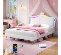Matteo 4Ft6 Double Cream White Upholstered Led Bed Frame With Adjustable Crown Headboard