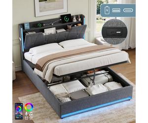 Matteo 4Ft6 Double Grey Linen Ottoman Bed Frame With Led X-Shape Headboard & Usb/type-C Charging Station