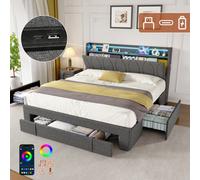 Matteo 4Ft6 Double Grey Upholstered Bed Frame With 3 Storage Drawers, Led Headboard, Usb & Type-C Charging Ports & Concealed Storage