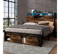 Matteo 4Ft6 Double Metal Bed Frame With Led Lights, Usb Charging & Storage - Black & Wood Finish