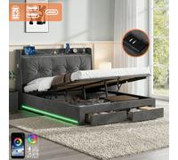 Matteo 4Ft6 Double Ottoman Upholstered Bed Frame With Storage, Led Lighting & Charging Station - Grey