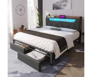 Matteo 4Ft6 Double Upholstered Bed Frame With Led, Usb Charging, Storage Headboard & Drawers - Grey Linen