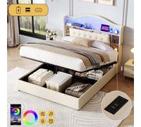 Matteo 4Ft6 Double Upholstered Hydraulic Storage Bed With Led Headboard, Usb Charging