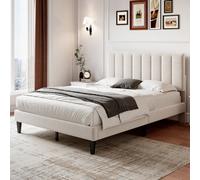 Matteo 4Ft6 Double Upholstered Velvet Bed Frame With Adjustable Channel Tufted Headboard & Solid Wood Slats - Beige