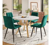 Matteo 5-Piece Modern Dining Set: Round Marble-Effect Table With Gold Metal Legs & 4 Green Ergonomic Velvet Chairs