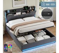Matteo 5Ft King Grey Linen Upholstered Bed Frame With Hydraulic Ottoman Storage, Led Headboard & Usb Charging Ports