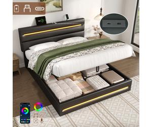 Matteo 5Ft King Ottoman Bed Frame With Hydraulic Storage, Rgb Led Lighting, Usb/type-C Charging & Adjustable Headboard - Black