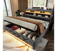 Matteo 5Ft King Size Upholstered Bed Frame With Led Lighting, Usb Charging & Hydraulic Storage - Grey Linen