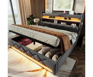 Matteo 5Ft King Size Upholstered Bed Frame With Led Lighting, Usb Charging & Hydraulic Storage - Grey Linen