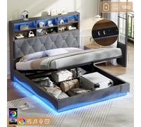 Matteo 5Ft King Upholstered Ottoman Bed Frame With Hydraulic Storage, Grey Linen, Wavy Rgb Led Headboard, Usb & Type-C Charging Station