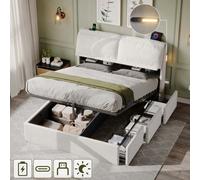 Matteo 5Ft King Velvet Ottoman Bed Frame With Hydraulic & Headboard Storage, 3 Drawers, Charging Ports & Led Night Light - Cream White